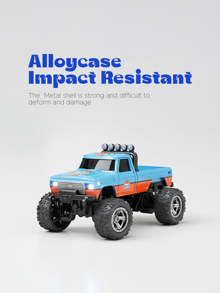 Mini RC Truck, 1:64 Scale, 2.4 GHz Remote Controlled Monster Truck with Lights, IOS/Android Connectivity, USB Type-C charging.