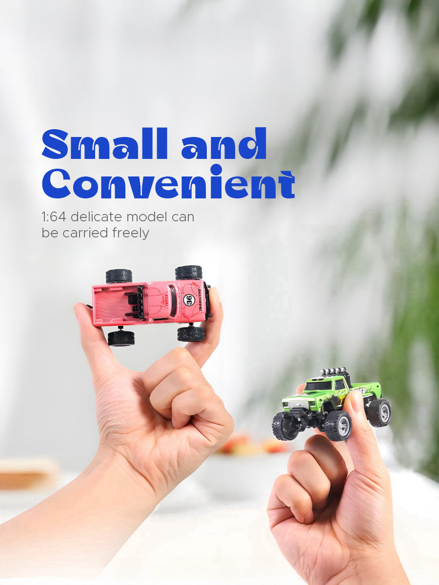 Mini RC Truck, 1:64 Scale, 2.4 GHz Remote Controlled Monster Truck with Lights, IOS/Android Connectivity, USB Type-C charging.